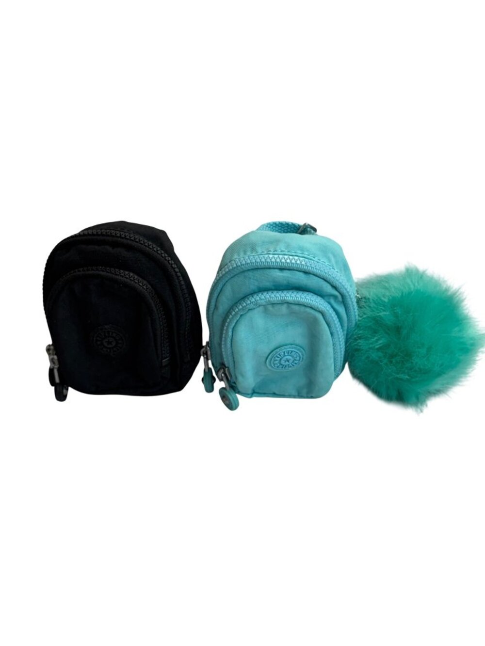 Lot of 2 Kipling Mini Backpack Keychain Set Black Turquoise Fluffy Pom Keyring